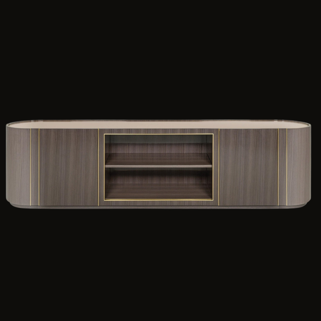Contemporary TV Unit with Rounded Edges and Gold Detailing