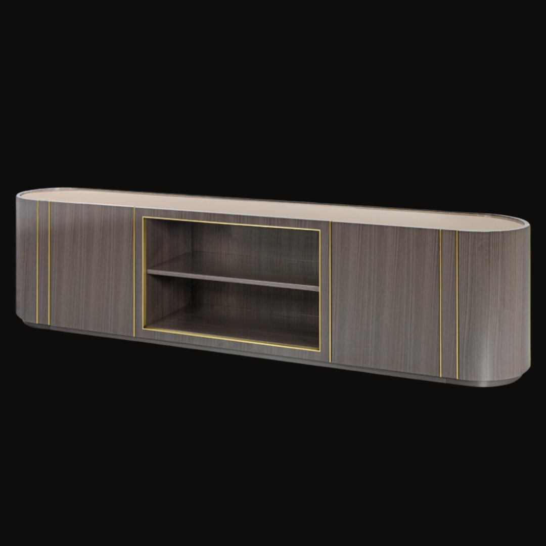 Contemporary TV Unit with Rounded Edges and Gold Detailing