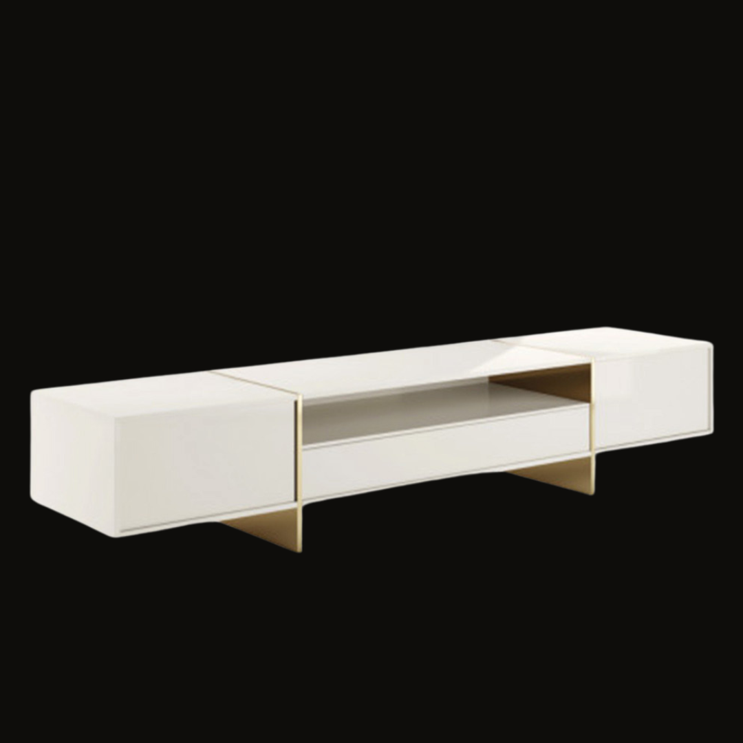 Modern White TV Unit with Gold Base and Open Shelving