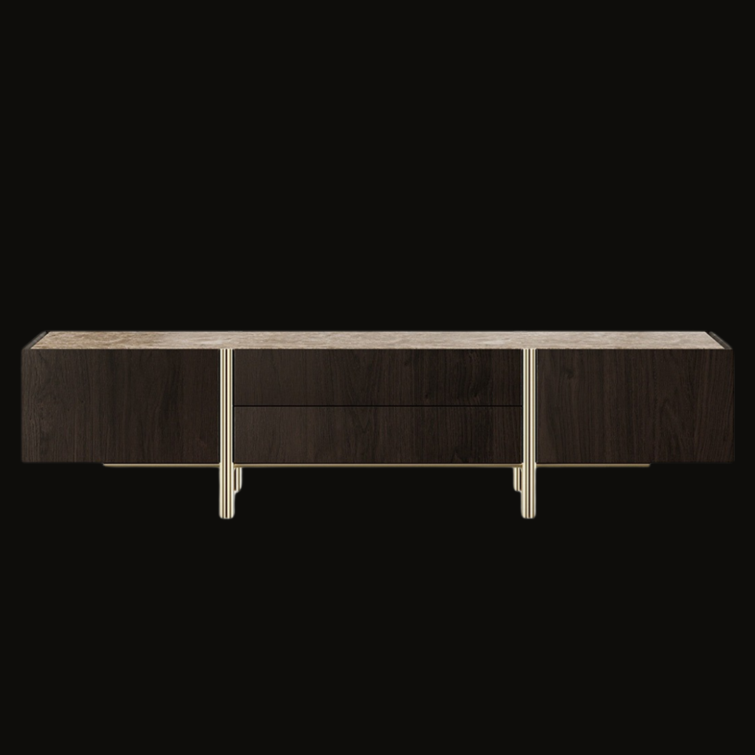Modern Dark Wood TV Console with Gold Accents and Marble Top