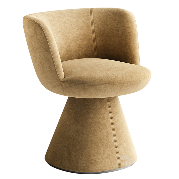 Modern dining chair with golden fabric upholstery and cone-shaped base – Corona Chair by INSIDE HOME.
