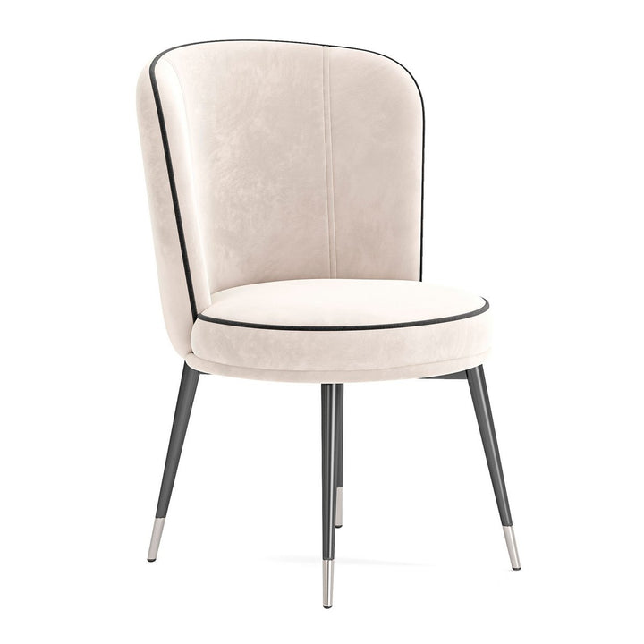 Image of Avorio Chair with slim metal legs and upholstered seat and backrest in light fabric.