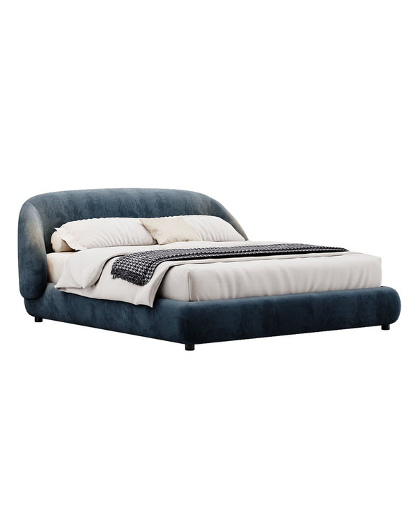 Luxury Velours Bed in soft blue velvet finish with modern curved headboard by INSIDE HOME