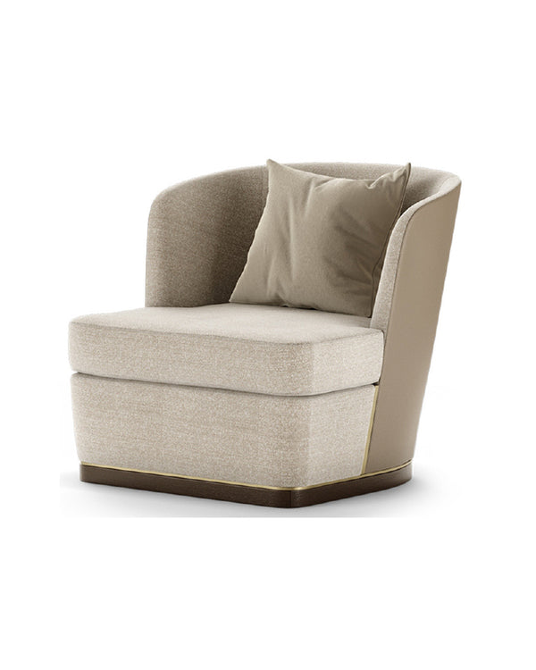 Side view of modern beige armchair with leather details and gold base - INSIDE HOME