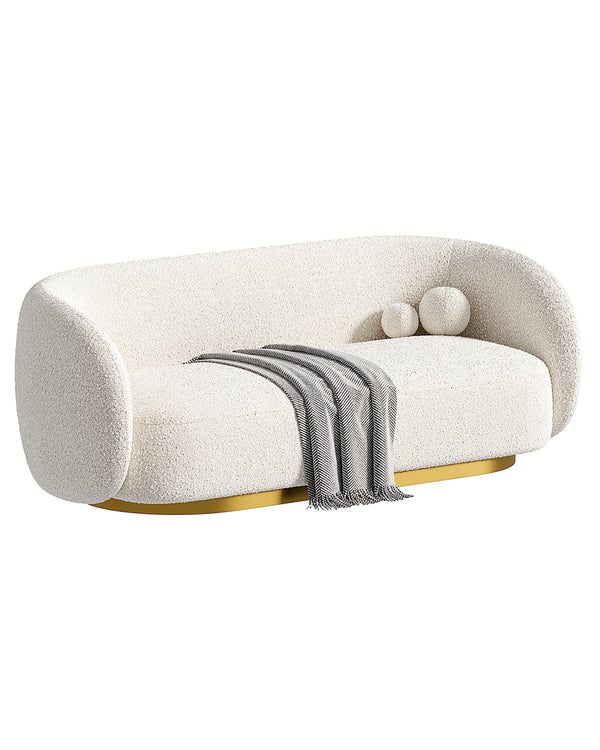 Elegant modern sofa in boucle fabric with curved arms and golden base – VOLARE SOFA by INSIDE HOME.