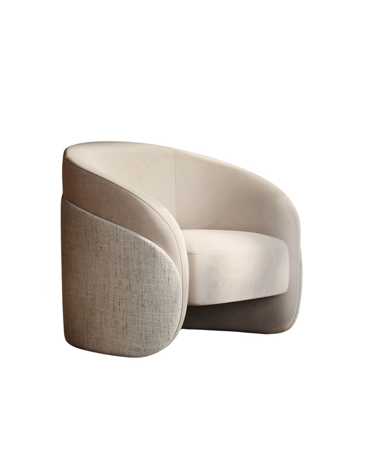 Modern designer chair featuring smooth upholstery with fabric outer shell.