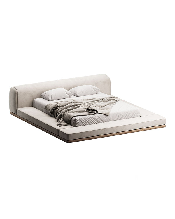 Minimalist luxury upholstered bed with rounded headboard and low base – HAVEN BED by INSIDE HOME.