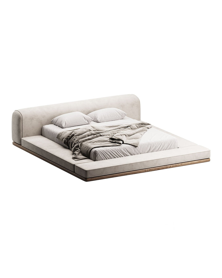Minimalist luxury upholstered bed with rounded headboard and low base – HAVEN BED by INSIDE HOME.