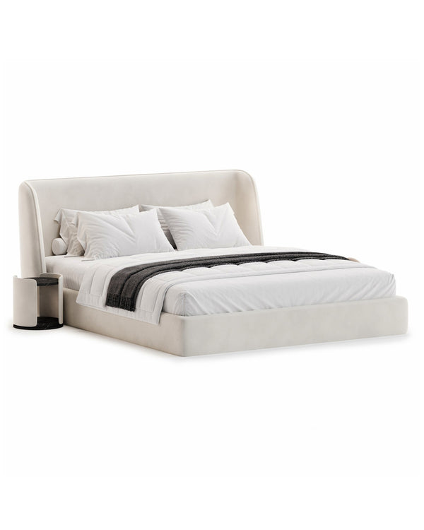 Modern luxury Velora Bed with curved headboard, upholstered in premium fabric – INSIDE HOME