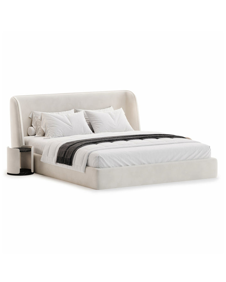 Modern luxury Velora Bed with curved headboard, upholstered in premium fabric – INSIDE HOME