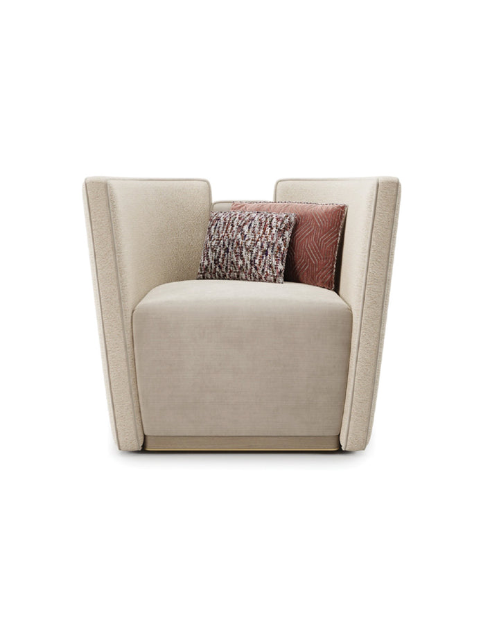 Valerio Armchair front view – luxury modern beige armchair with gold base and premium upholstery by INSIDE HOME.