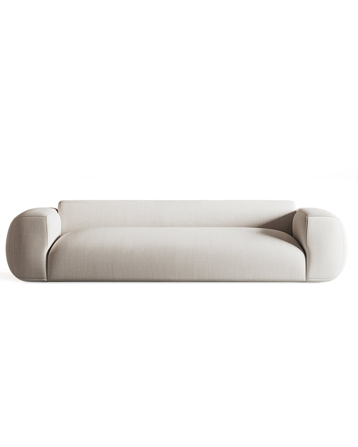 Luxury modern Fiorenza sofa in soft beige fabric with rounded edges and low-profile design, INSIDE HOME