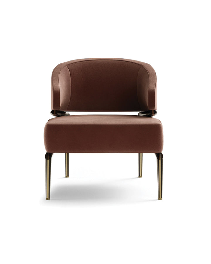 Rivano Armchair front view, modern velvet armchair with gold metallic legs, designed by INSIDE HOME.
