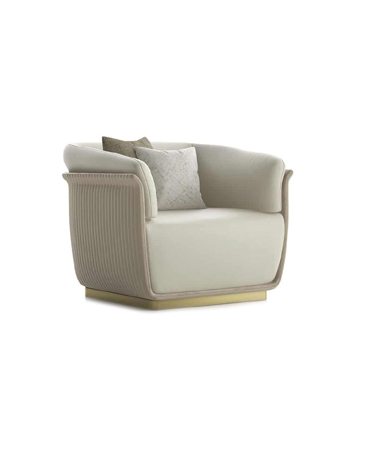 Avorio Armchair side view – elegant armchair with gold base and refined side panel design by INSIDE HOME.