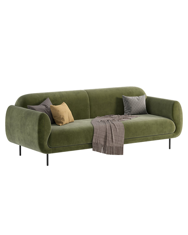 Luxury SOLACE Sofa in green velvet with modern curved design, plush cushions, and sleek black legs – premium INSIDE HOME furniture.