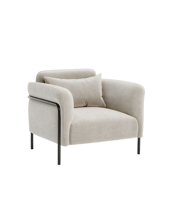 Side view of Moderna Armchair highlighting the rounded armrest and sleek metal structure – INSIDE HOME.