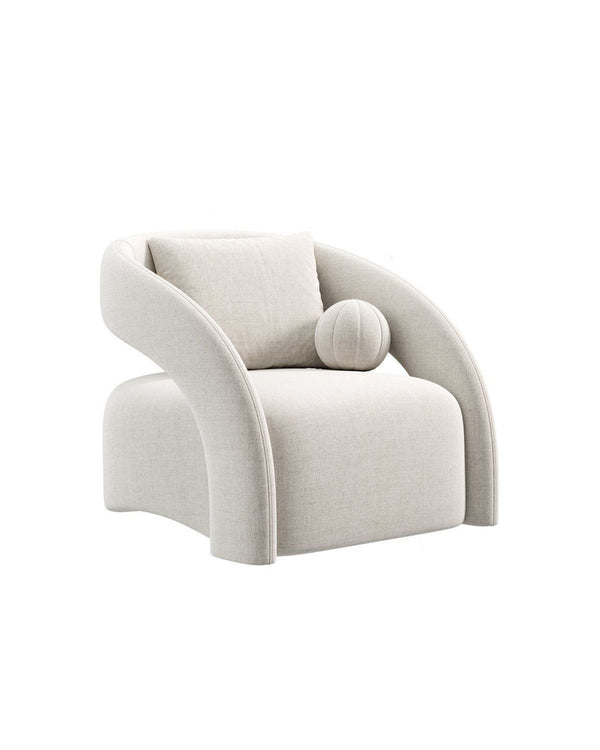 Arcadia Armchair with sculptural curved design, soft upholstery, and refined architectural lines.