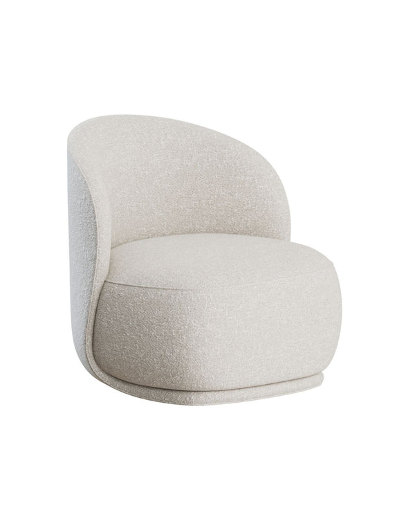 Eclipse Armchair in soft beige boucle fabric with rounded curved backrest, minimalist modern design by INSIDE HOME.