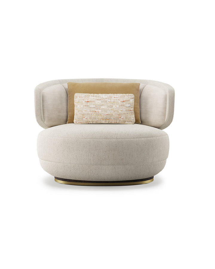 Sereno Armchair front view – modern rounded armchair with gold base, designed by INSIDE HOME.