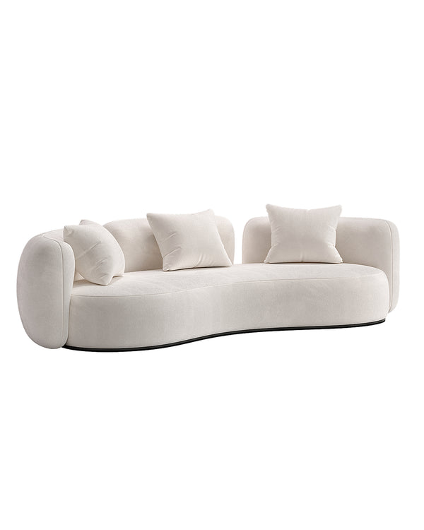 Luxury curved sofa in white fabric with plush cushions, modern organic design, premium INSIDE HOME furniture.