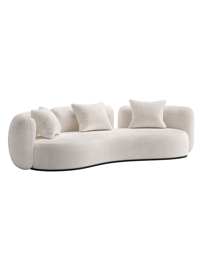 Luxury curved sofa in white fabric with plush cushions, modern organic design, premium INSIDE HOME furniture.