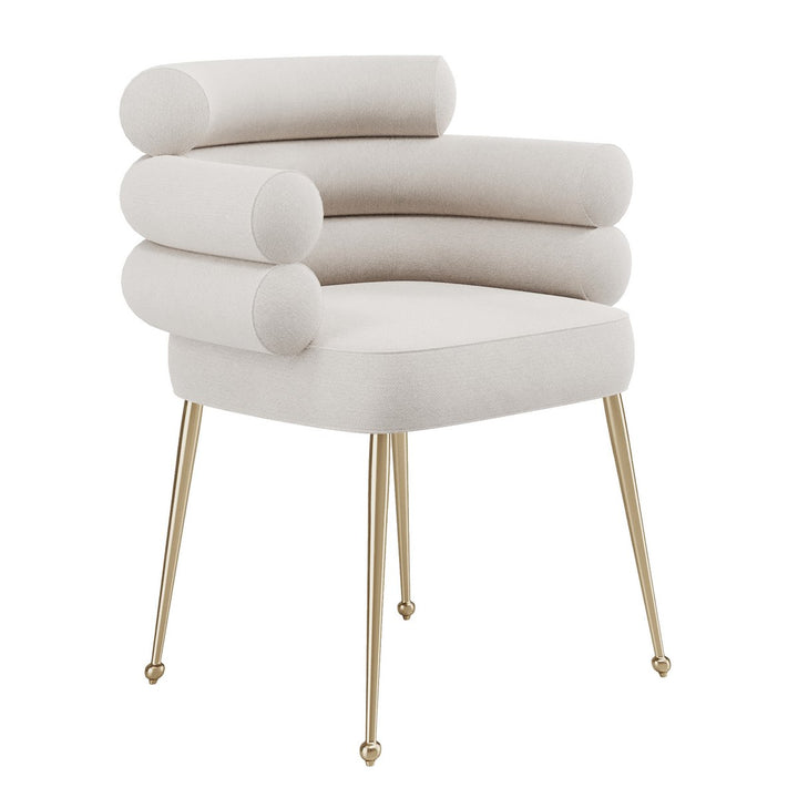 Elegant Novara Chair with cylindrical cushioned backrest and golden slim legs