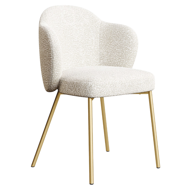 Modern Monarca dining chair with curved backrest and slim golden legs.