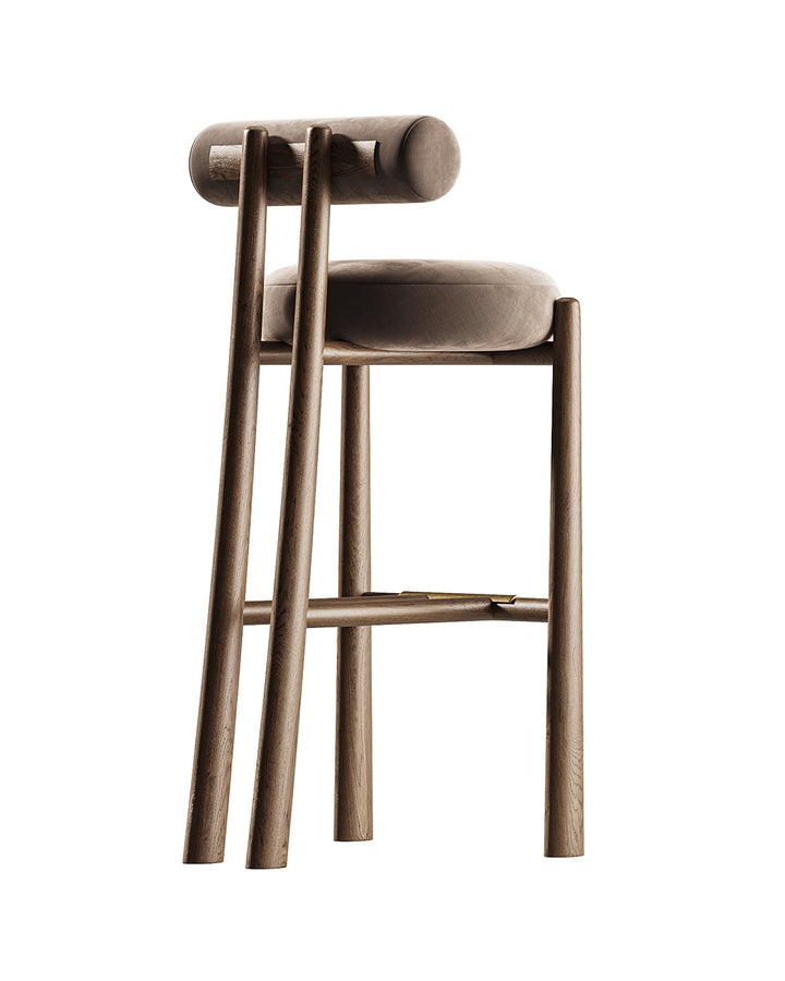 CILARO bar chair with cylindrical velvet backrest, rounded seat, and solid wooden frame by INSIDE HOME.
