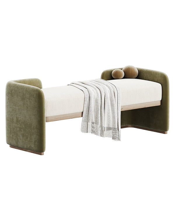 DUETTA banquette with green velvet curved sides, neutral upholstered seat, and wooden base by INSIDE HOME.
