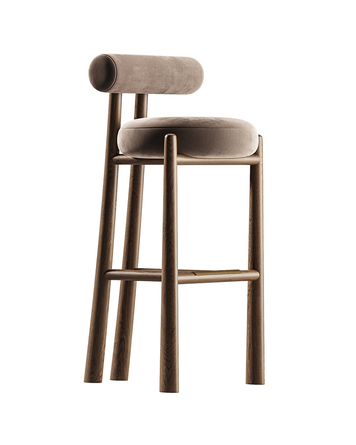 CILARO bar chair with cylindrical velvet backrest, rounded seat, and solid wooden frame by INSIDE HOME.