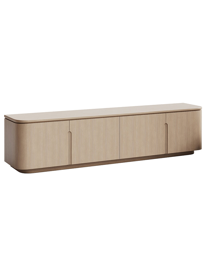 Luxury modern wooden TV unit with smooth doors and soft edges – INSIDE HOME