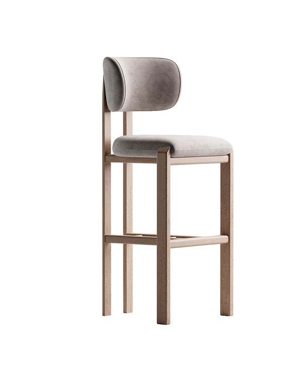 CLARENO bar chair with light wood frame and soft velvet upholstery in neutral tone by INSIDE HOME.
