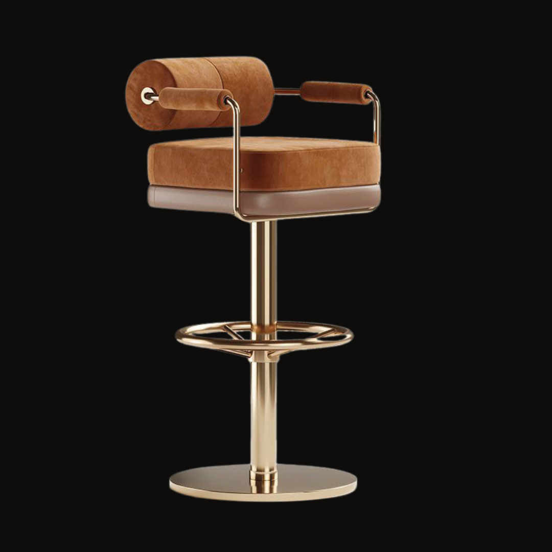 Luxury Brown Velvet Bar Stool with Gold Frame and Cylindrical Backrest