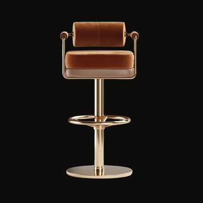 Luxury Brown Velvet Bar Stool with Gold Frame and Cylindrical Backrest