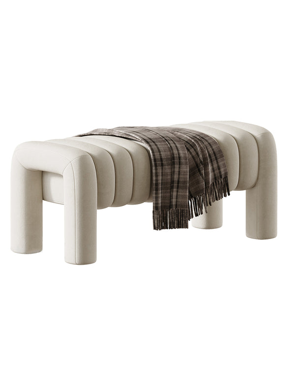 SEGMENTA banquette in soft neutral fabric with bold tubular segmented design by INSIDE HOME.