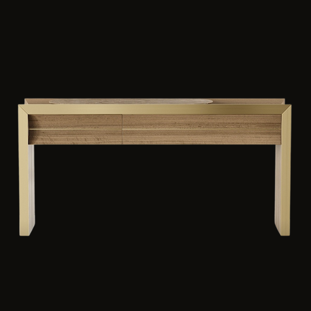 Luxurious Walnut and Gold Console Table with Modern Detailing