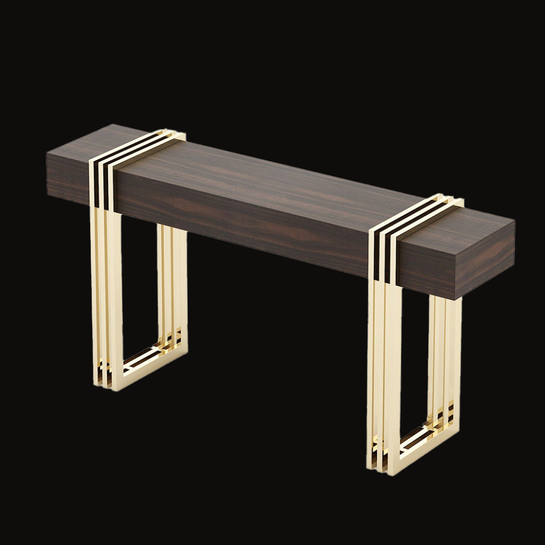 Modern Ebony Wood Console Table with Gold Geometric Base