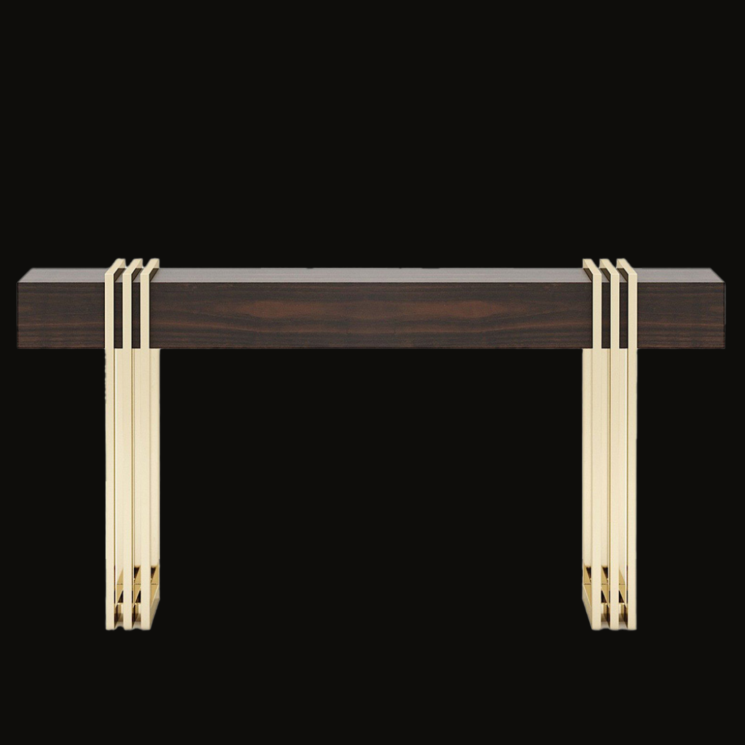 Modern Ebony Wood Console Table with Gold Geometric Base