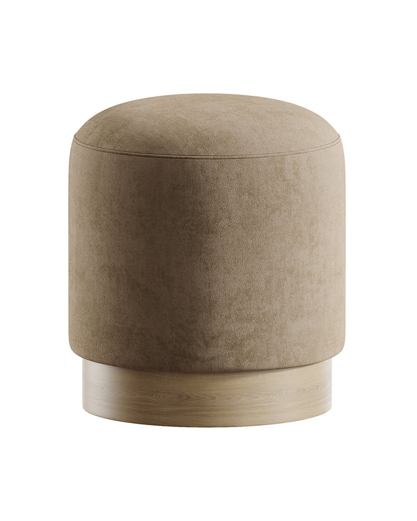 Cylindrical buff with smooth upholstery and wooden base.