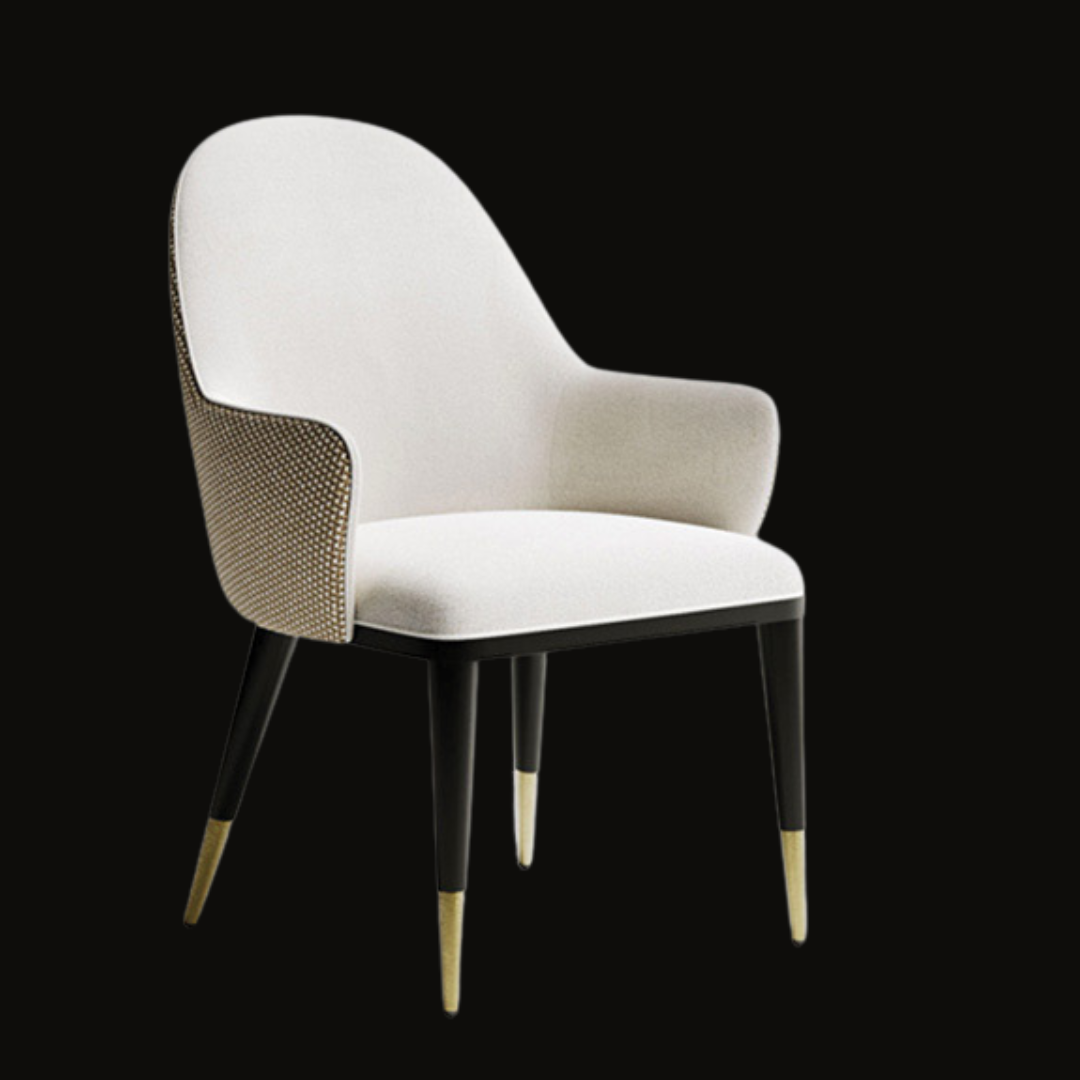 Elegant White Upholstered Dining Chair with Gold-Tipped Legs and Textured Backrest