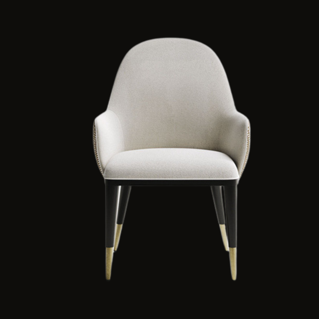 Elegant White Upholstered Dining Chair with Gold-Tipped Legs and Textured Backrest