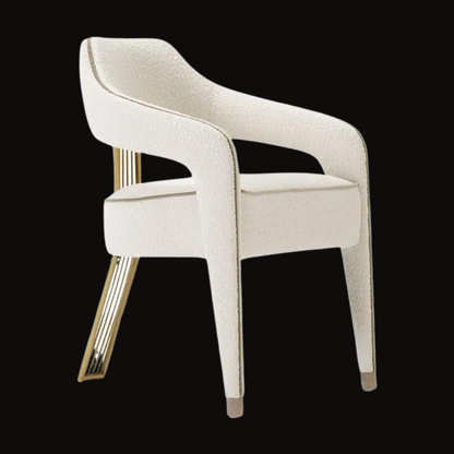 Modern White Bouclé Dining Chair with Gold Accent and Open-Back Design