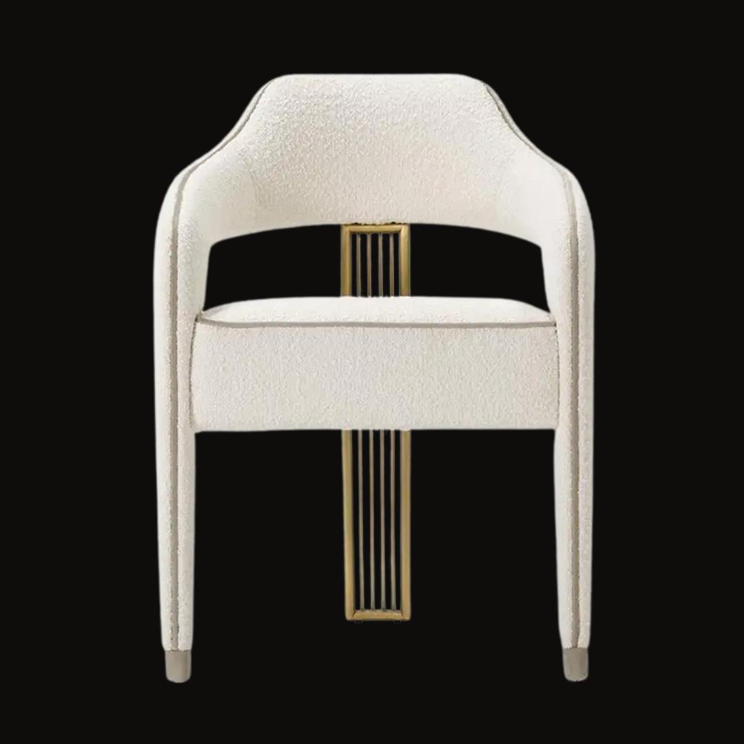 Modern White Bouclé Dining Chair with Gold Accent and Open-Back Design