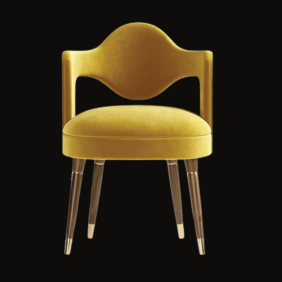 Bold Mustard Velvet Dining Chair with Sculptural Backrest and Gold-Tipped Legs