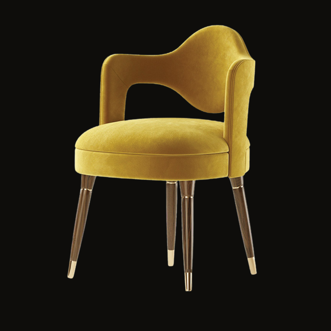 Bold Mustard Velvet Dining Chair with Sculptural Backrest and Gold-Tipped Legs