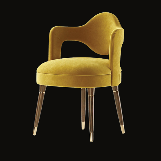 Bold Mustard Velvet Dining Chair with Sculptural Backrest and Gold-Tipped Legs