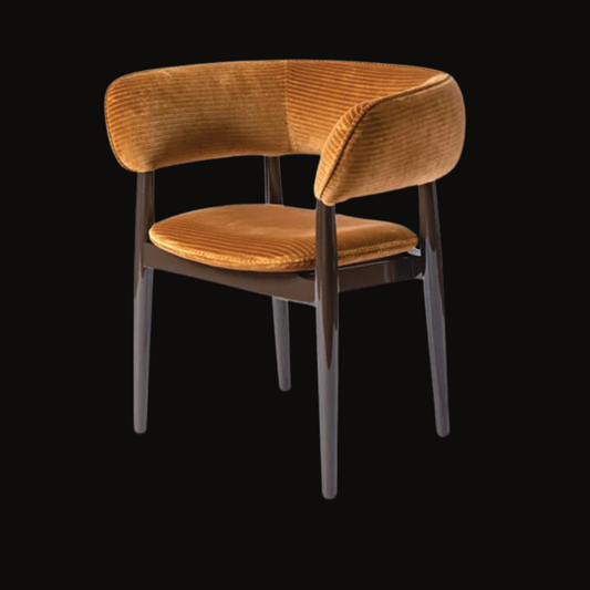 Modern Mustard Corduroy Dining Chair with Curved Backrest and Wooden Frame