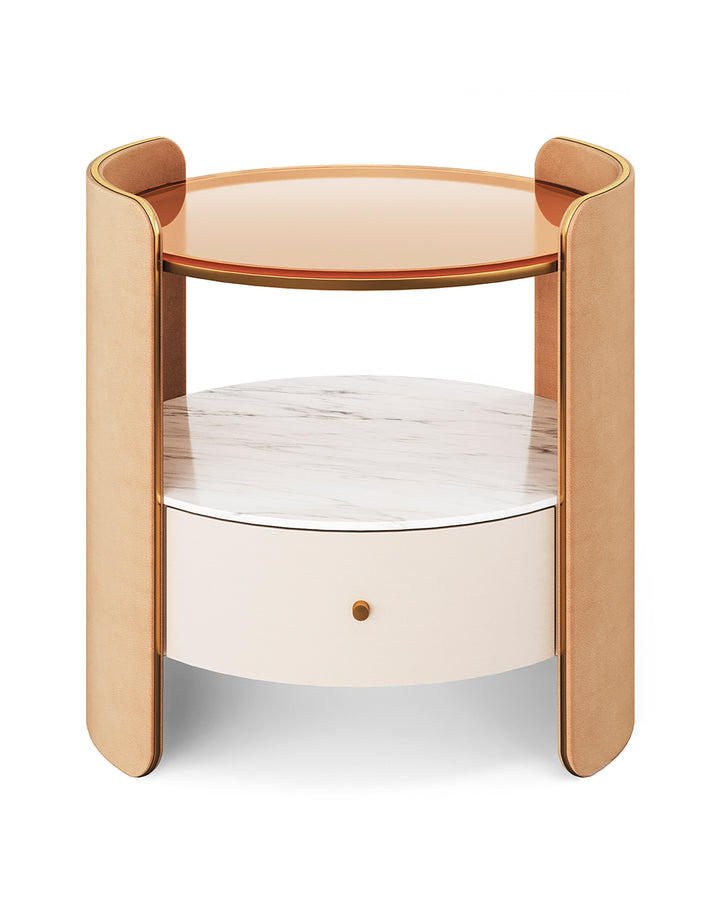 Elegant side table with amber glass top, marble base, and tan leather frame – LURESSA by INSIDE HOME