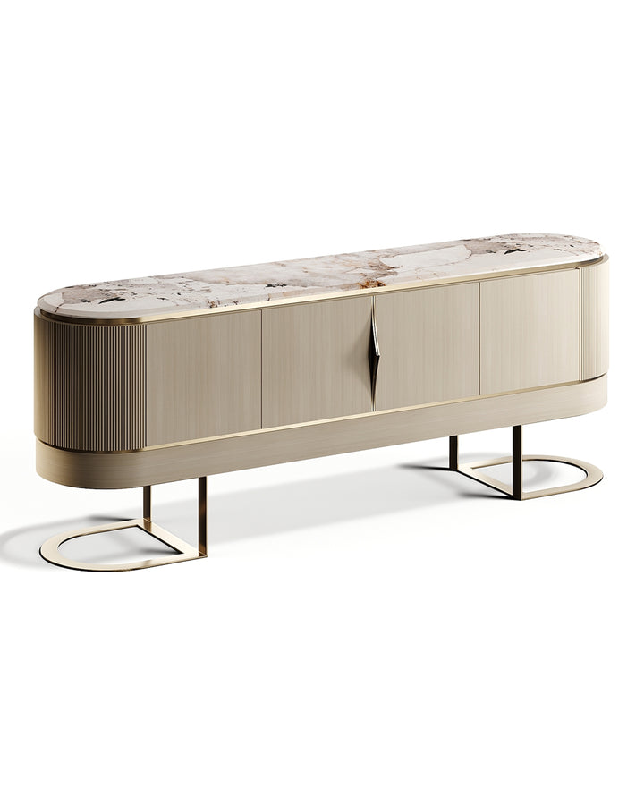 Luxury beige and gold TV unit with marble top and curved design – INSIDE HOME