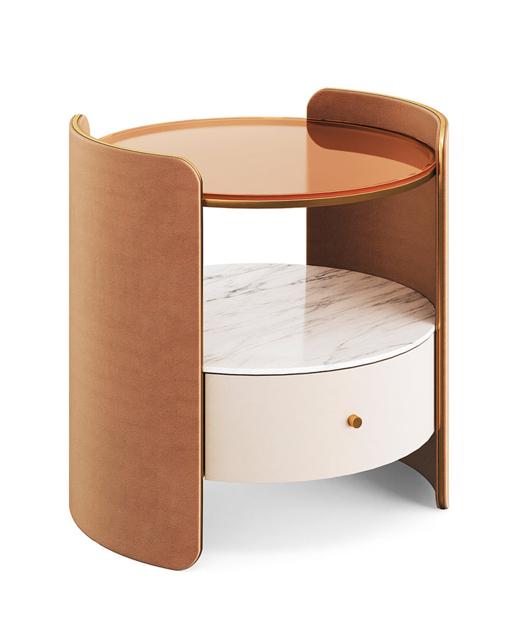 Elegant side table with amber glass top, marble base, and tan leather frame – LURESSA by INSIDE HOME